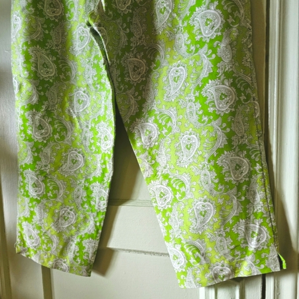 100% silk paisley print green white vintage capri pants 60s 70s hippie retro - Picture 10 of 11